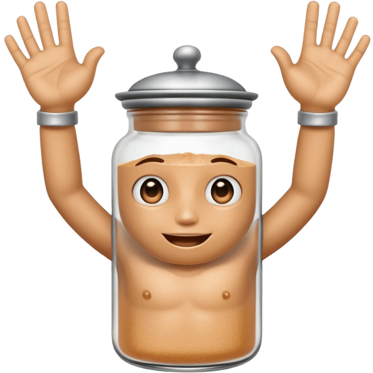 A cute anthropomorphic salt jar with transparent glass body and metal lid, raising both arms to form a "call me" hand gesture  emoji