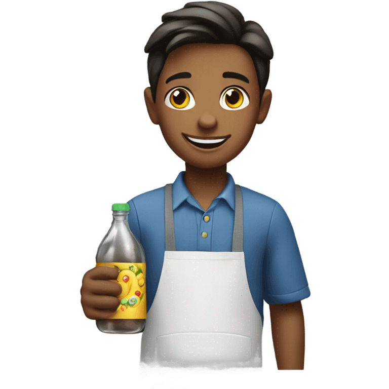 smiling boy in apron holding bottle emoji