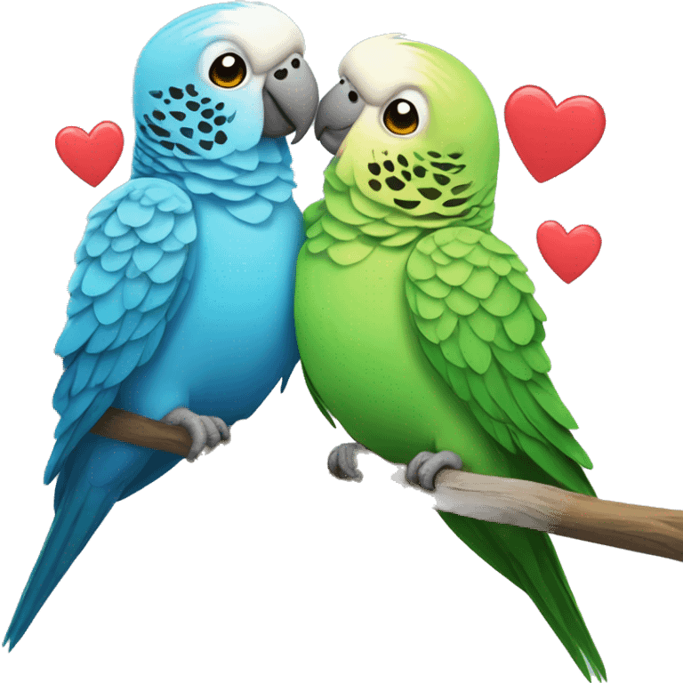 Two parakeets with hearts around them emoji