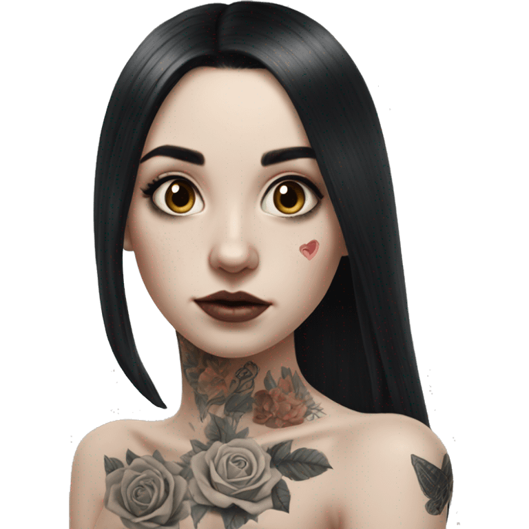 Hyperrealistic Pale girl with black hair arm tattoos emoji