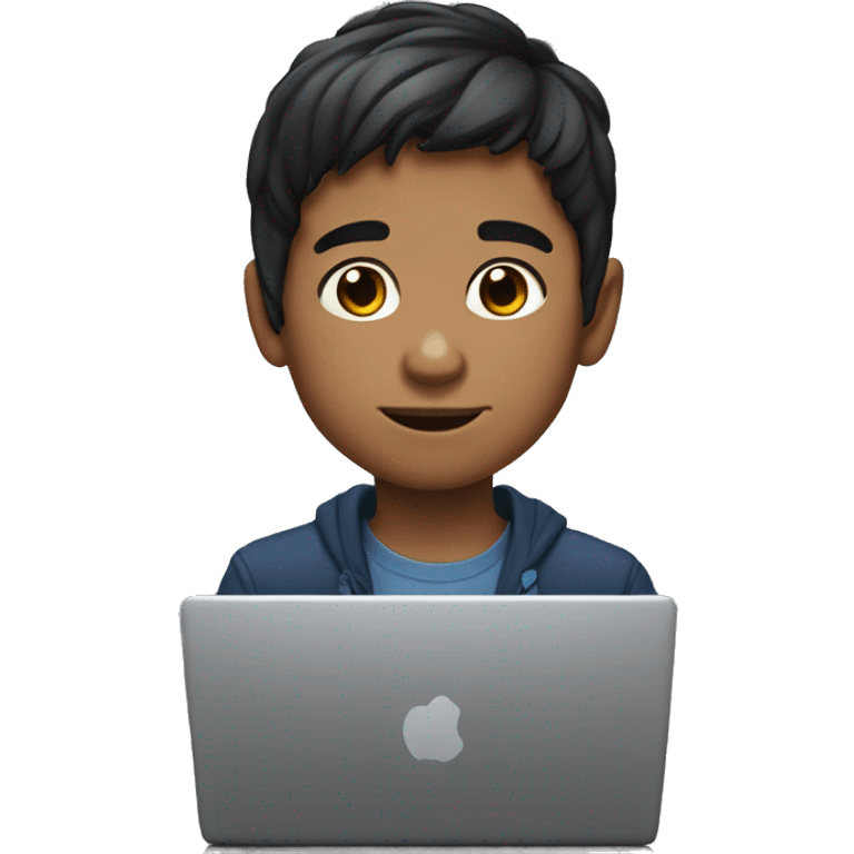 Draw a 10 year old boy with dark hair typing on a laptop, Memoji emoji