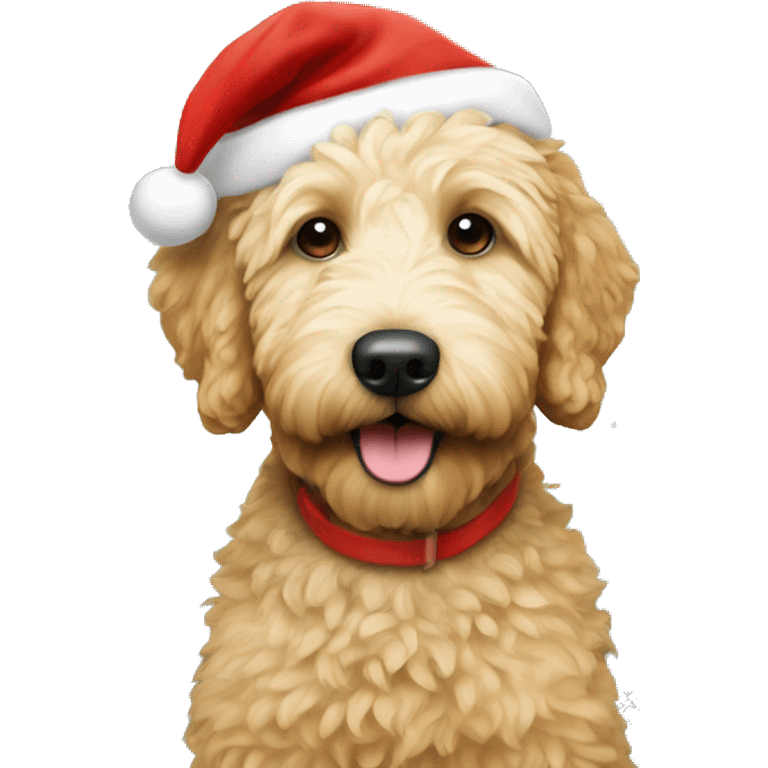 Small golden doodle wearing a Santa hat under a Christmas tree emoji