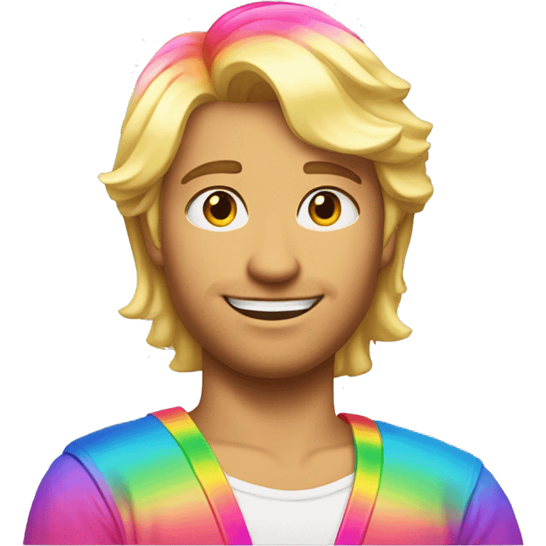 A blond haired shinny feminine man wearing rainbow clothes with a pink streak in their hair emoji