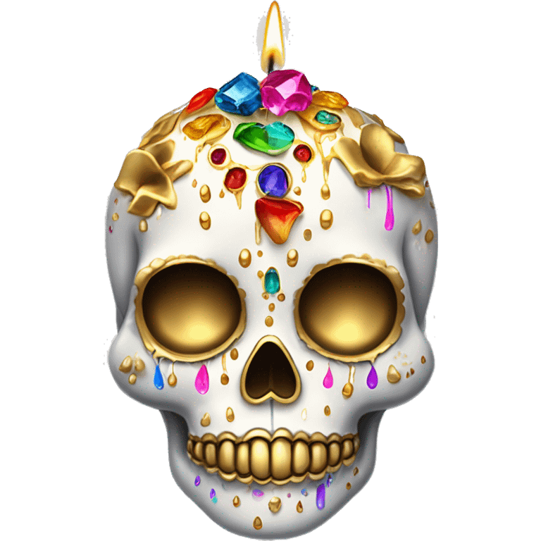 Realistic white sugar skull decorated with colorful rhinestones with a tall metallic gold candle on top of its head dripping down melted metallic gold wax down the skull emoji