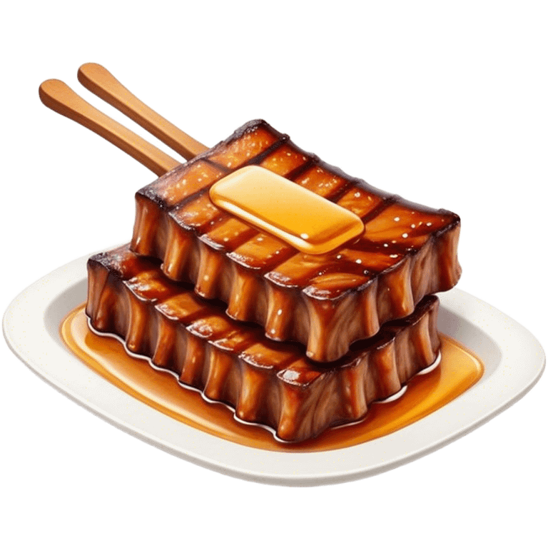 Honey Glazed BBQ Ribs Cinematic Realistic Honey Glazed BBQ Ribs Dish Emoji, depicted as a small portion of tender, honey-glazed ribs with a sticky, smoky finish, rendered with rich textures and warm, dynamic lighting. emoji