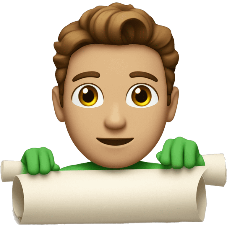 a light-skinned green-eyed man with styled brown hair (brushed back) sitting in front of the long white paper scroll emoji