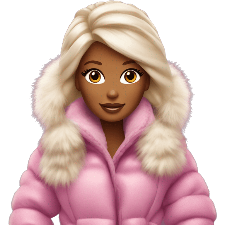 barbie wearing uggs with starbucks in her hand with a huge furry coat and fuzzy ear muffs emoji