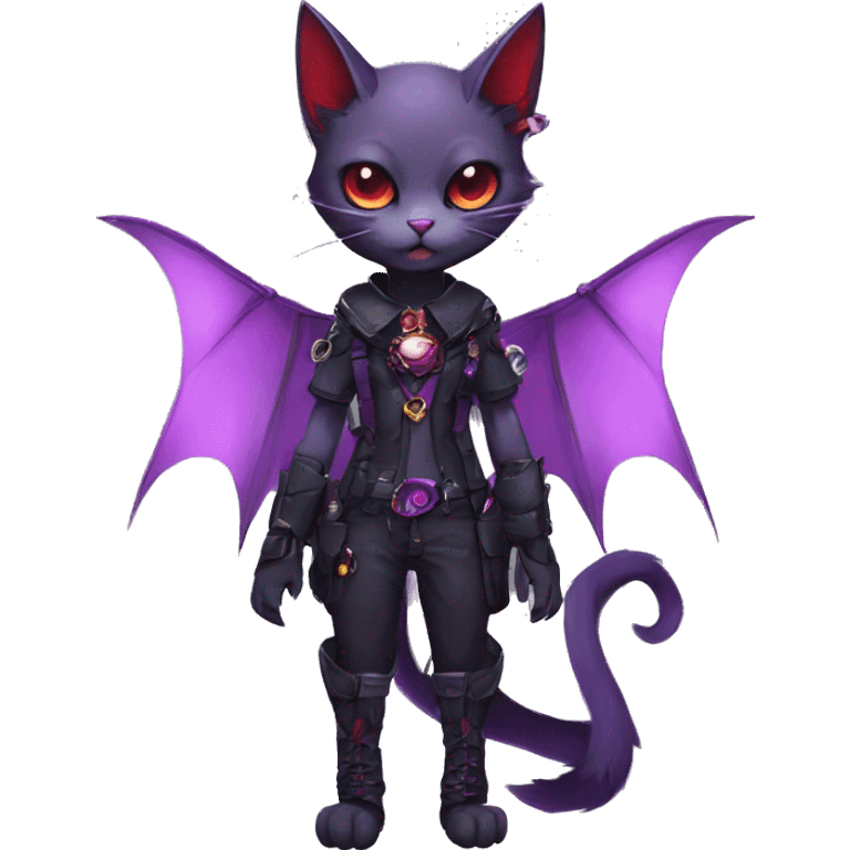 cool kawaii edgy evil techwear black purple red ethereal fantasy beautiful elegant bat-cat-Fakemon wearing legs spats a collar harness with jewelries full body emoji