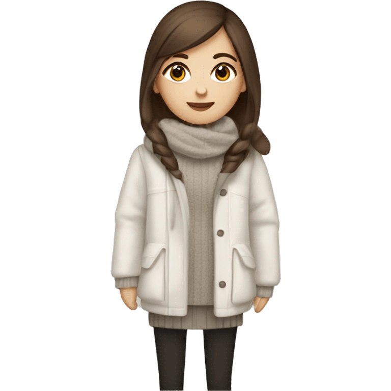 white girl with straight brown hair and black eyes wearing a white and brown winter outfit emoji