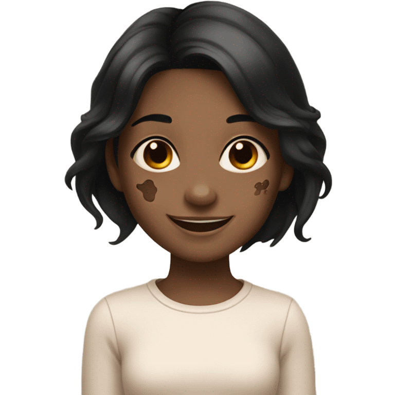 smiling girl with black hair and brown birthmark  emoji