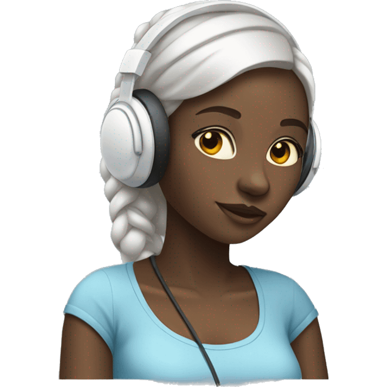 African girl. Wearing white headphones. Listening to music. Wearing a light blue shirt. emoji