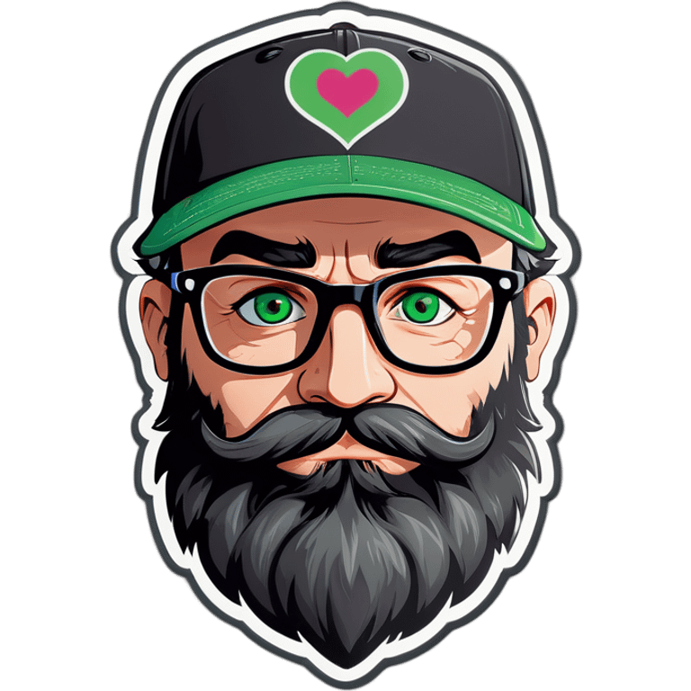 A bold man with a grey baseball cap, green eyes, big beard and glasses with hearts in his eyes emoji