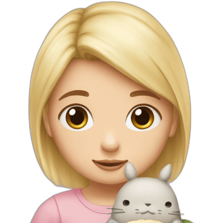 bébé fille blonde avec une peluche Totoro et un croissant  emoji