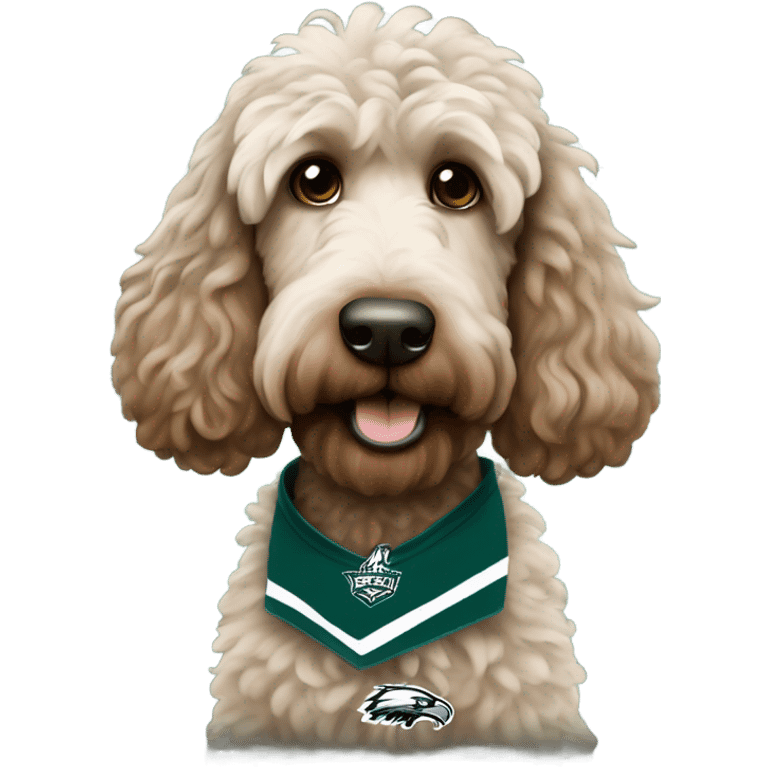 brownish Labradoodle wearing a Philadelphia eagles shirt emoji