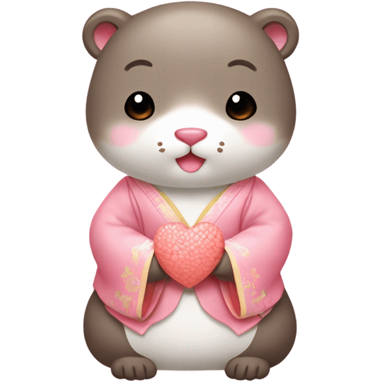 A cute and lovely otter dressed in pastel-colored traditional Korean hanbok, holding a coral-pink heart in its paw. emoji