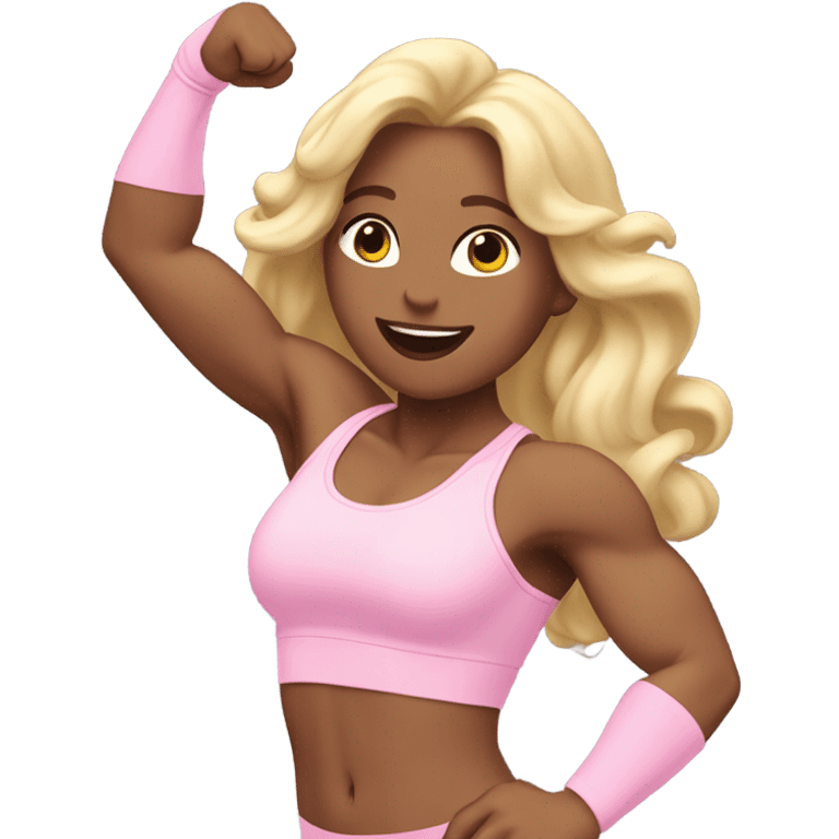 Woman, white skin, pale skin, long hair, blonde hair, wavy hair, baby pink sports bra, baby pink leggings, flexing one arm up emoji