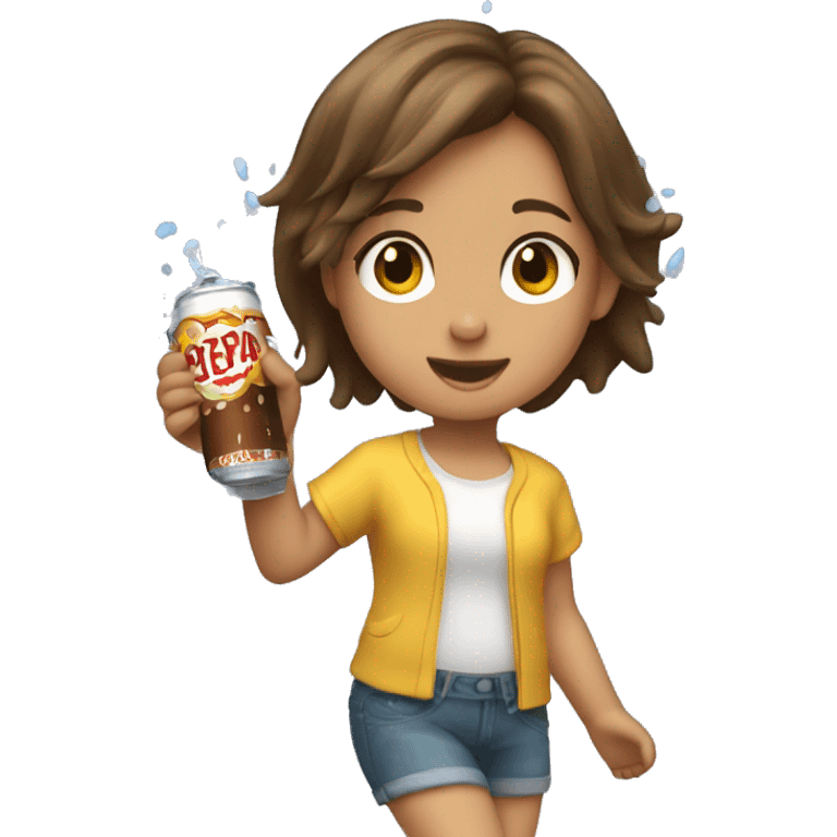 a little girl dancing in the rain with  brown hair and a soda on her shirt emoji