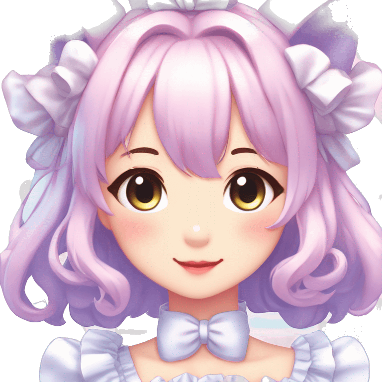 Gorgeous anime style catgirl blushing face maid outfit Lolita idol model colorful shiny sparkle kawaii pastelcore cottagecore pearly petite simplistic aesthetic trending style emoji