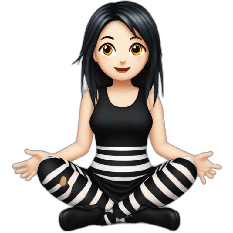 Full body Front view curvy emo girl sits on the floor straight view hands up black skirt striped stockings emoji