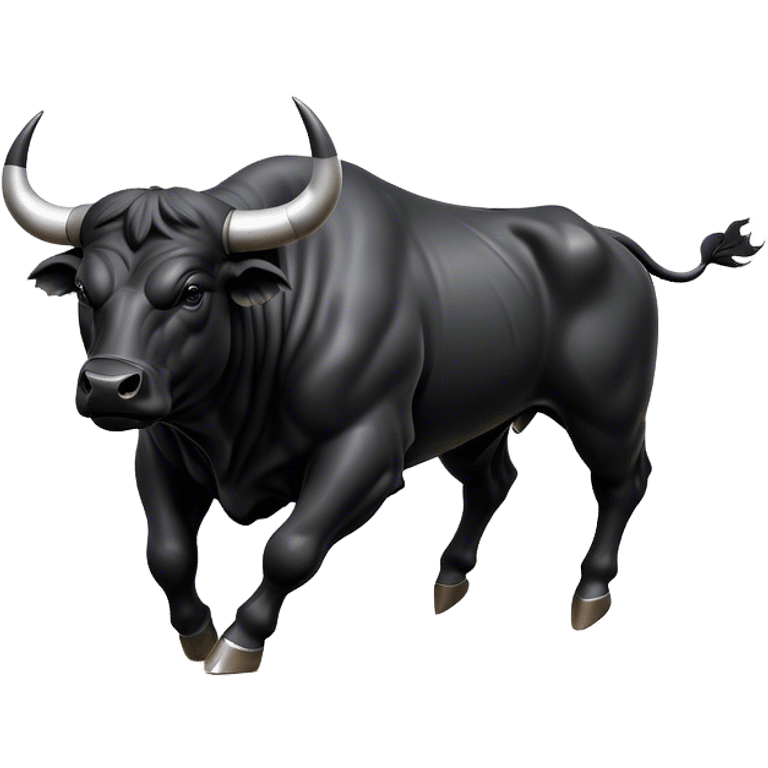 ​Cinematic Realistic Black Charging Bull, depicted in mid-charge with a powerful, muscular form and glossy black hide glistening under dynamic dramatic lighting, dust and motion captured mid-air to exude raw strength and unbridled energy on an expansive arena, emoji