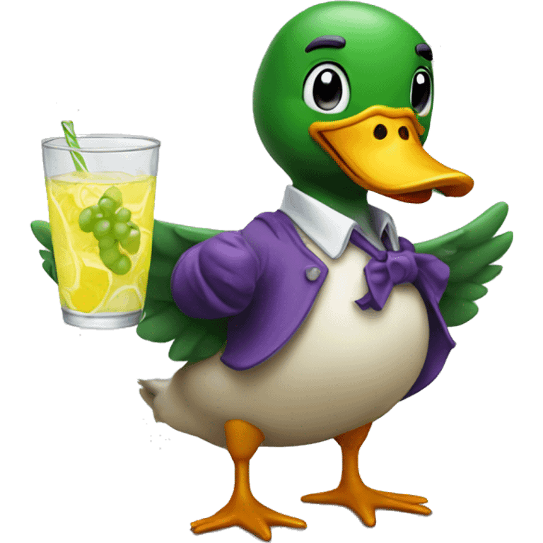 Duck with lemonade and grapes in hand emoji