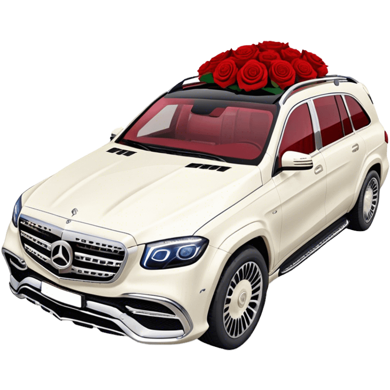 Side angle of White Mercedes Maybach GLS 600 with red roses on the hood emoji