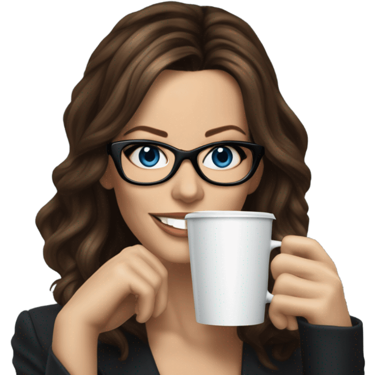 Hyper Realistic Kate Beckinsale blue eyes wearing glasses in a business dress drinking coffee happy  emoji