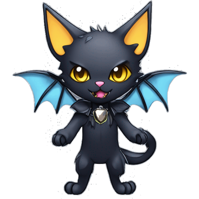   cool edgy kawaii anime-style ethereal dark-punk-themed animal vampiric cat-hybrid Fakemon with fangs and bat-wing-ears with a collar full body emoji