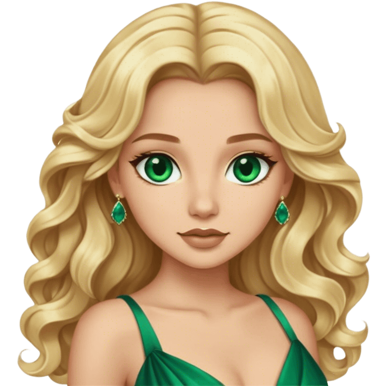 Blonde model with brown eyes, long wavy hair,  emerald gown emoji