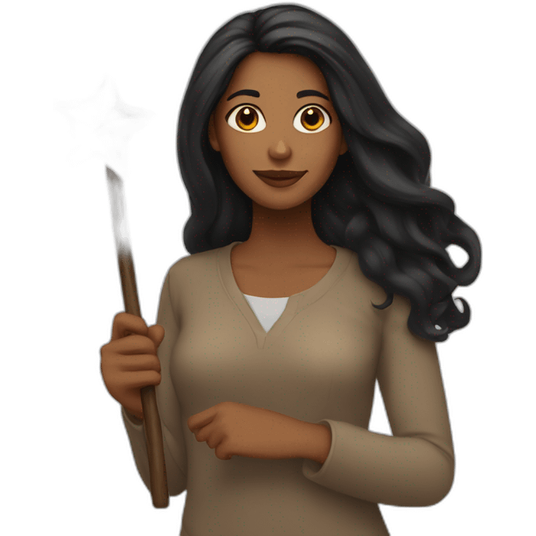 brown woman holding a orange star wand long black hair emoji