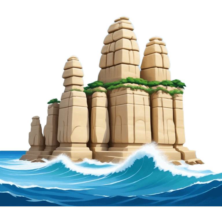 Cinematic Realistic Raouche Rocks, Beirut Landmark Emoji, depicting the majestic limestone rock formations rising from the Mediterranean Sea, with waves crashing against their bases under a vibrant sky. emoji