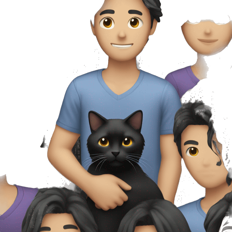 Long haired Asian man holding black cat emoji