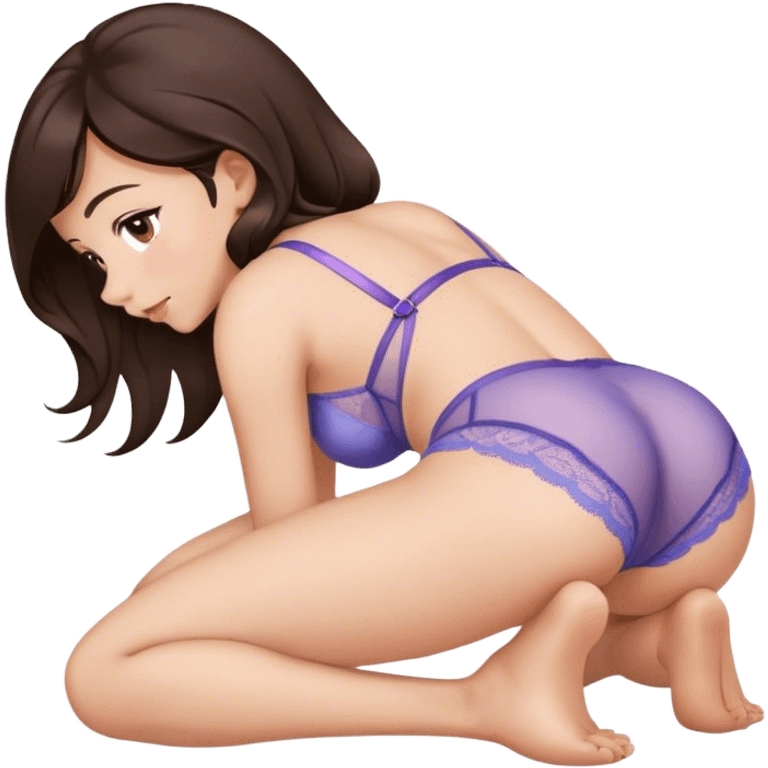 brunette intimate sfw cute lingerie pose bending arched curved IN back on hands and knees face down from behind emoji