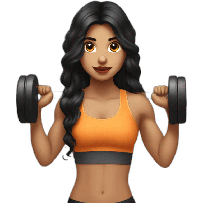 A think Indian girl with long black wavy hair, big lips and eyes, and fair skin, lifting weights at the gym emoji