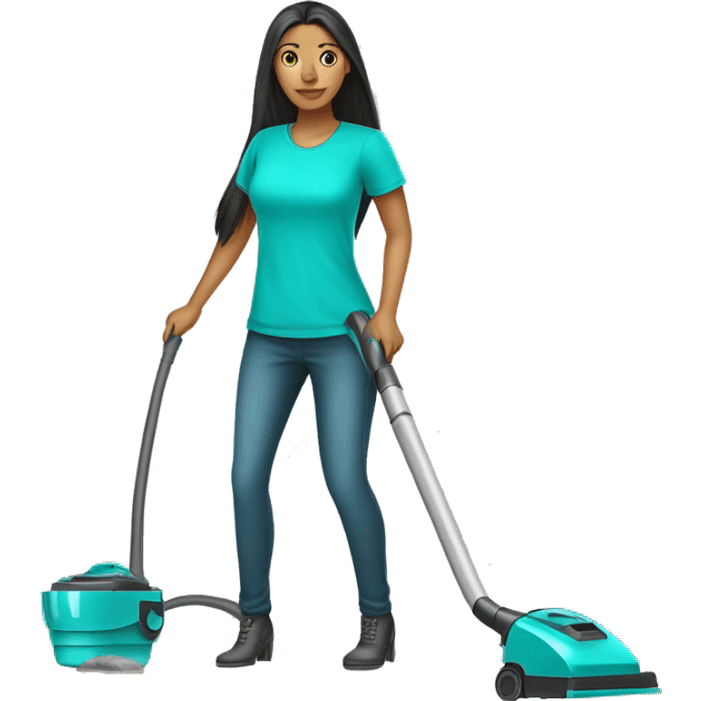 woman cleaner with light skin and long dark straight hair in turquoise color t-shirt. She working with vacuum cleaner emoji