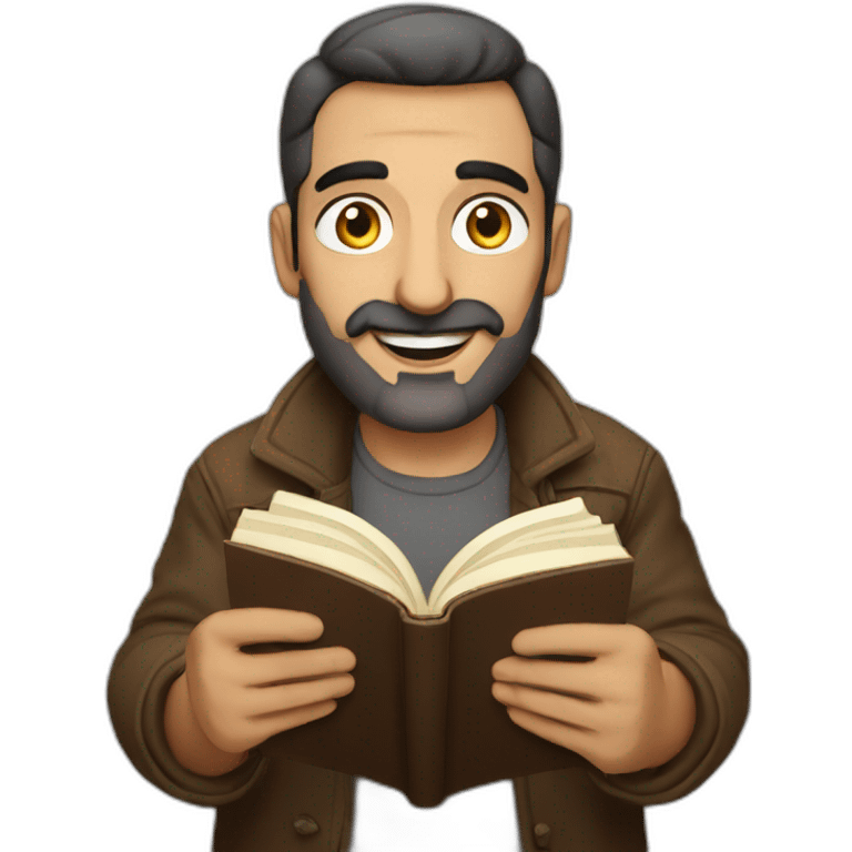 Armenian men reading interesting book and looking at camera and smiling  emoji