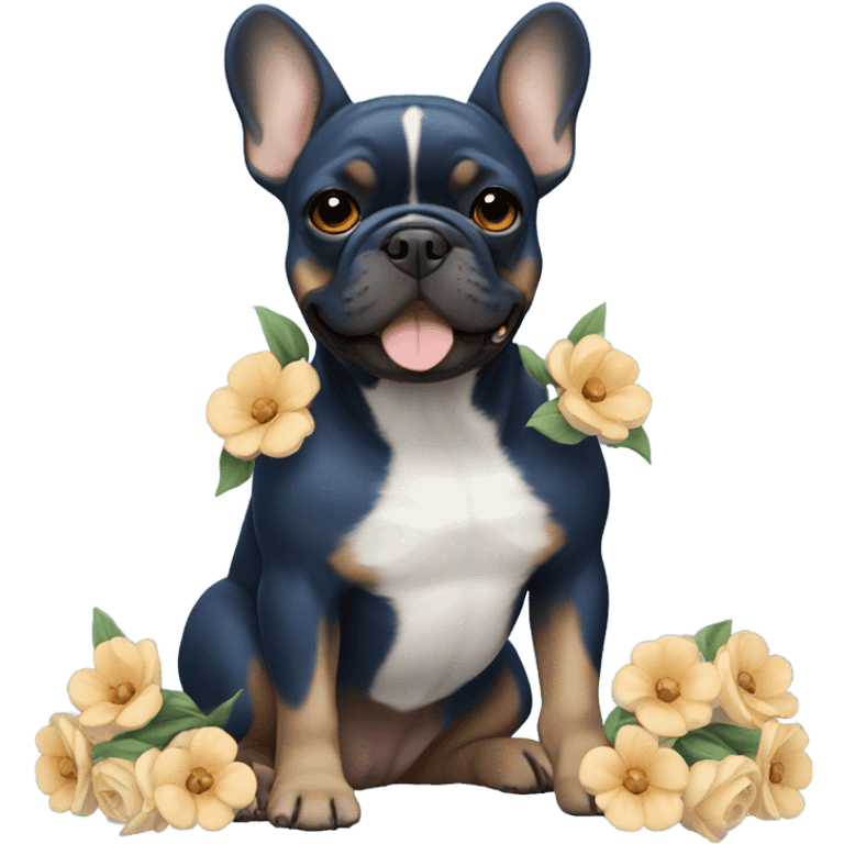 dark blue and tan french bulldog holding flowers emoji