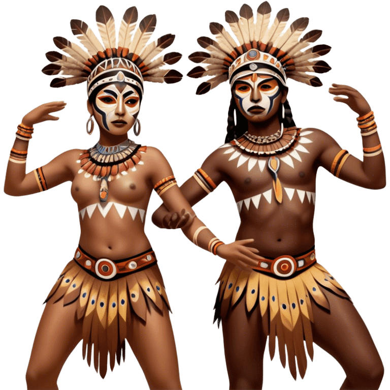 Cinematic Realistic scene of two indigenous dancers performing an Aboriginal Corroboree, adorned in intricate traditional body paint and ceremonial attire, captured in fluid motion with earthy tones and vibrant, cultural lighting emoji