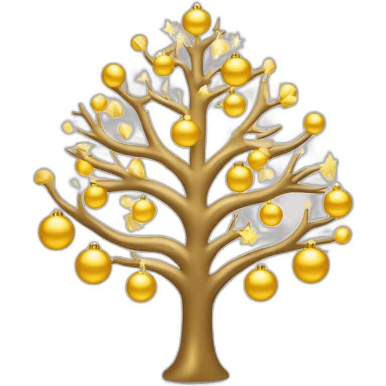 árbol de navidad con esferas color dorado y luces blancas con "feliz Navidad" emoji