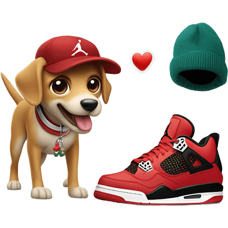 Dog with big tuna fish in mouth and fishers hat wearing Jordan 4 needs and Nike sweater emoji