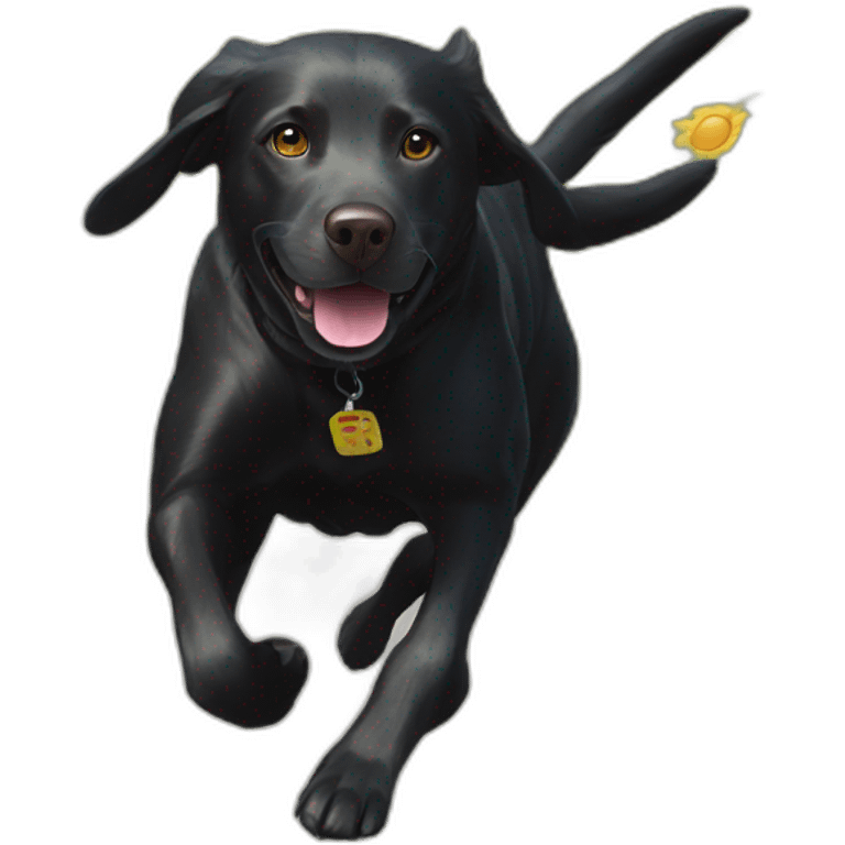 Black Labrador runs after a sun bunny emoji