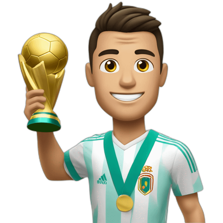 cristiano ronaldo con el balon de oro en sus mano izquierda y en la otra la copa del munidal emoji