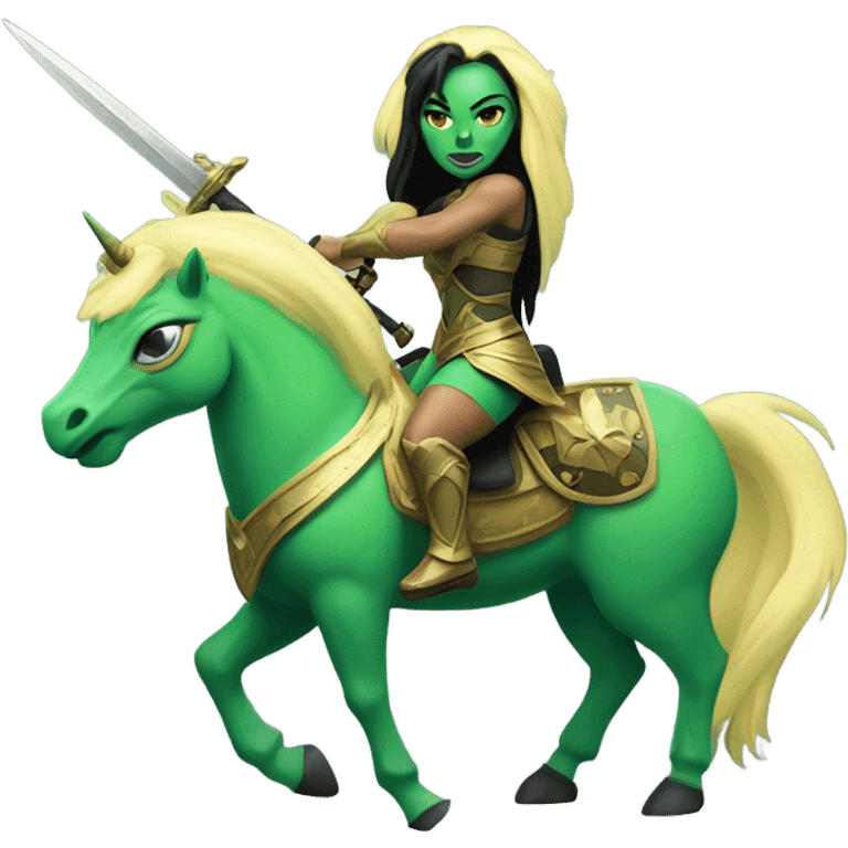 English

a green amazon alien woman on a light yellow unicorn with black mane holding a sword and shield emoji