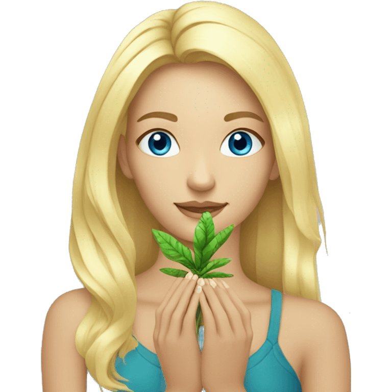 blond woman blue eyes with ayahuasca plant in her hands emoji