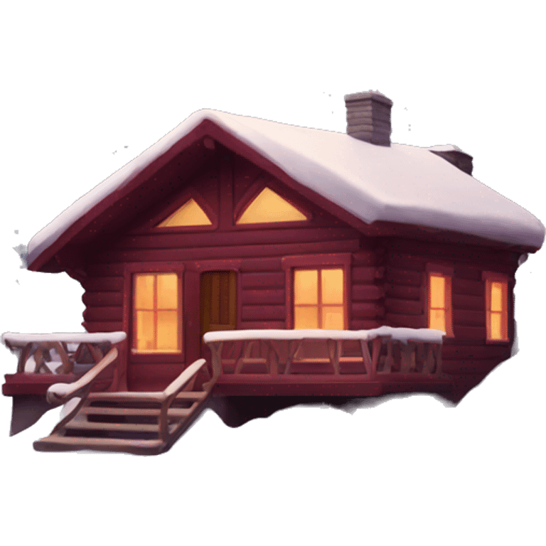 winter cabin with burgundy Christmas decorations emoji