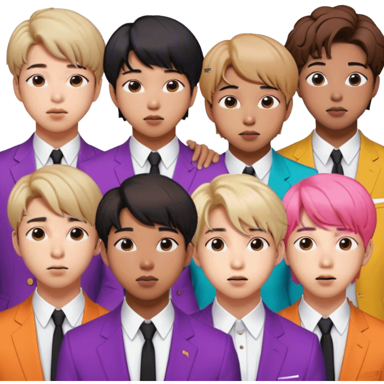 Cinematic Realistic group portrait of BTS featuring all 7 members in stylish modern attire, with detailed facial expressions and vibrant colors, captured in dynamic, contemporary lighting that emphasizes their global pop icon status emoji