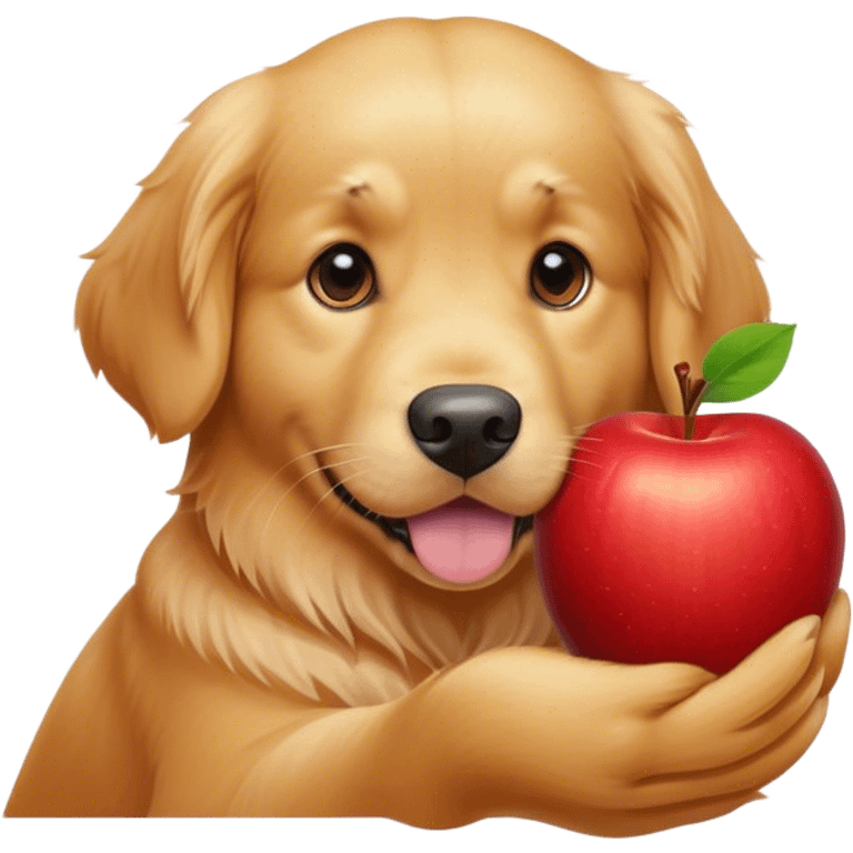 Head of golden retriever, peeking out of an apple emoji