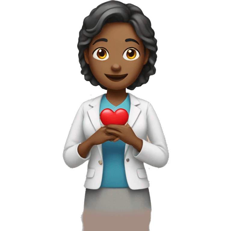 A female teacher holds a heart in her hands emoji