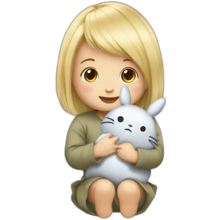 bébé fille blonde décoiffée avec une peluche Totoro  emoji