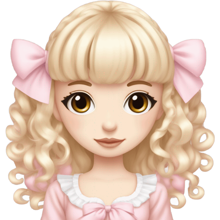 pale girl , who has curly medium length blonde and baby pink swirled hair with bangs , grey eyes , and doll like makeup , in a light pink lolita hime gyaru dress  emoji